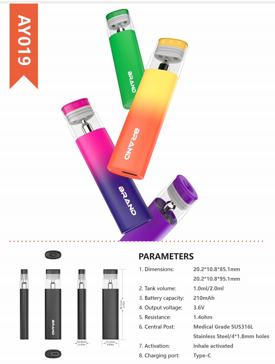 AY019 flat-body empty vape devices with 1 mL or 2 mL tanks