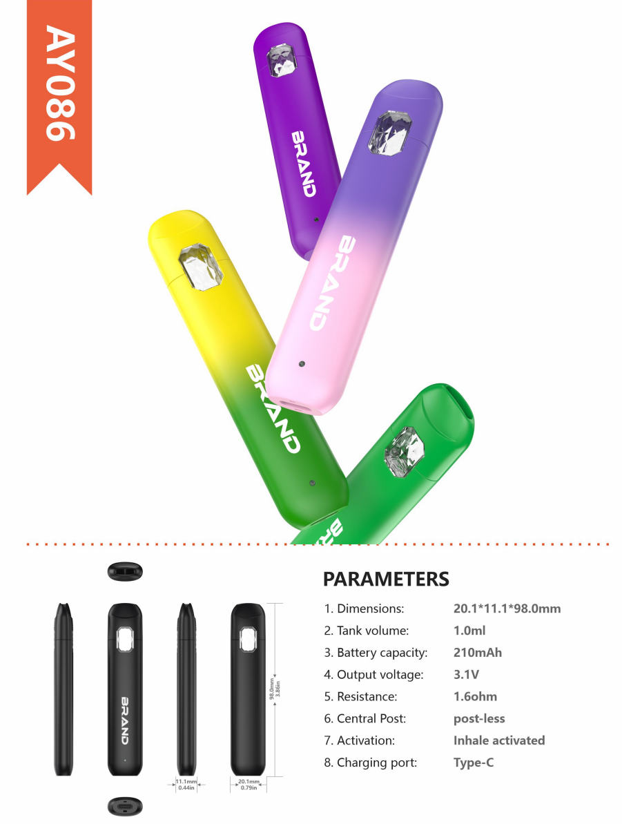 AY086 postless 1 mL all-in-one vape hardware in purple, pink, yellow and green