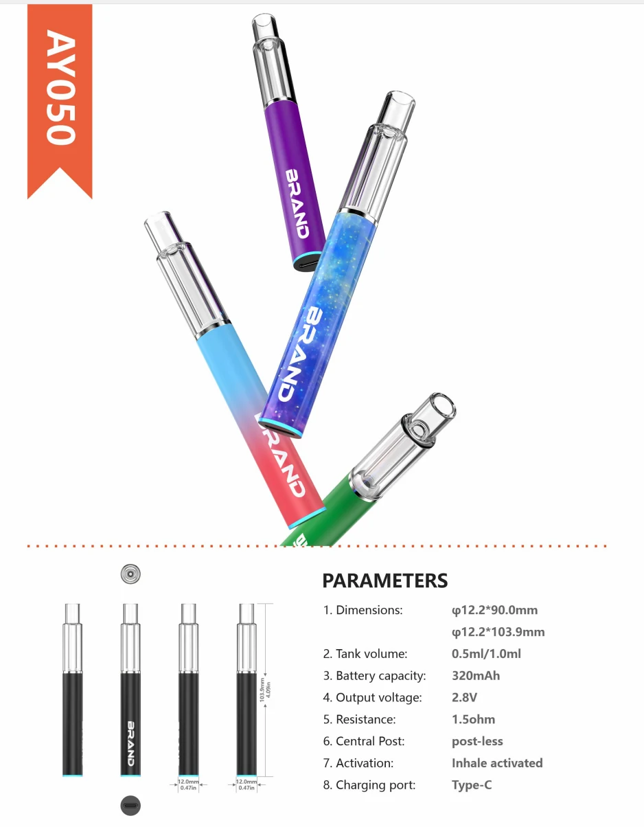 AY050 cylindrical postless empty devices with clear glass mouthpieces