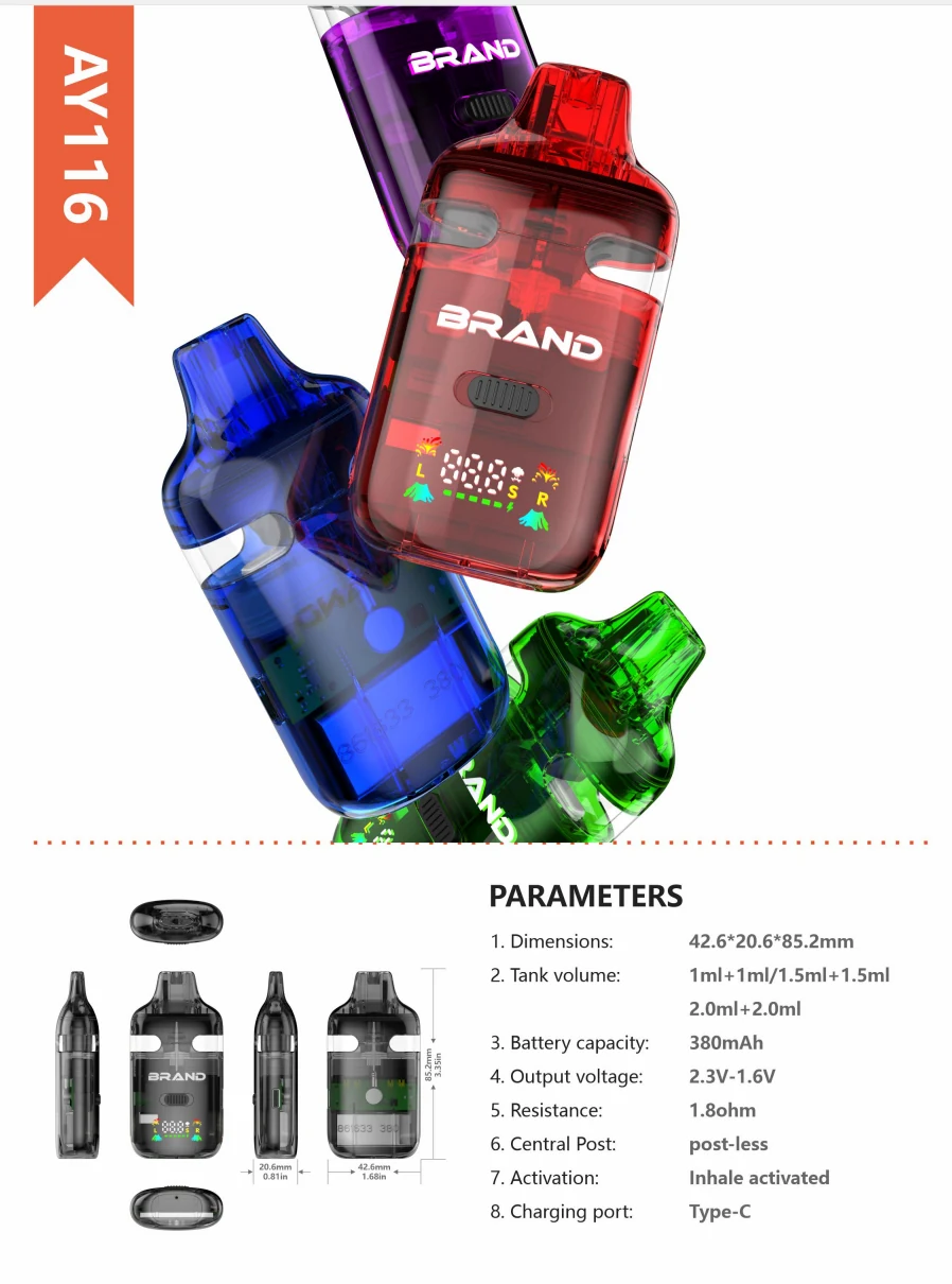 AY116 dual-chamber postless all-in-one vape hardware in red, blue, green and purple